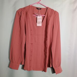 Fashion  Dusty Rose Blouse Lace Trim Pin tuck Long Sleeve Boho Top